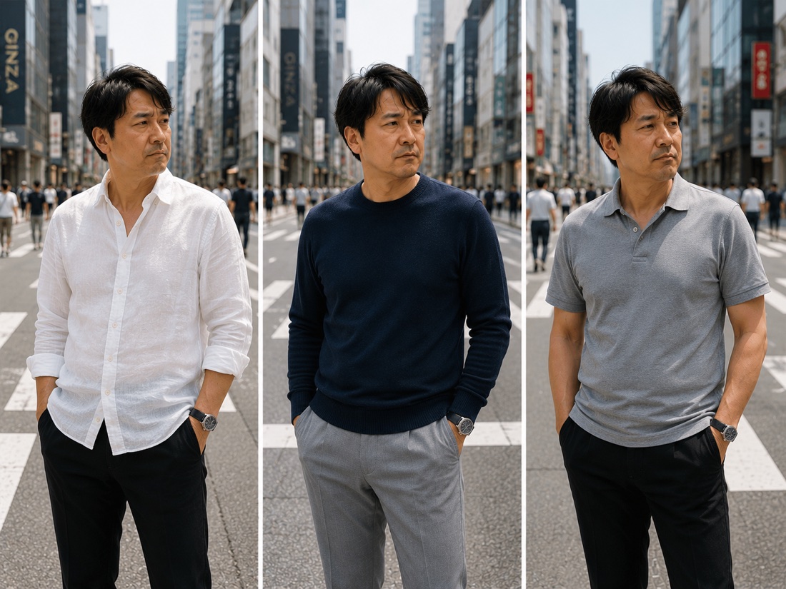 40代メンズ ファッションの正解例 ― 白シャツ・ネイビーニット・グレーポロの引き算コーデ(元UA販売員の妻監修)