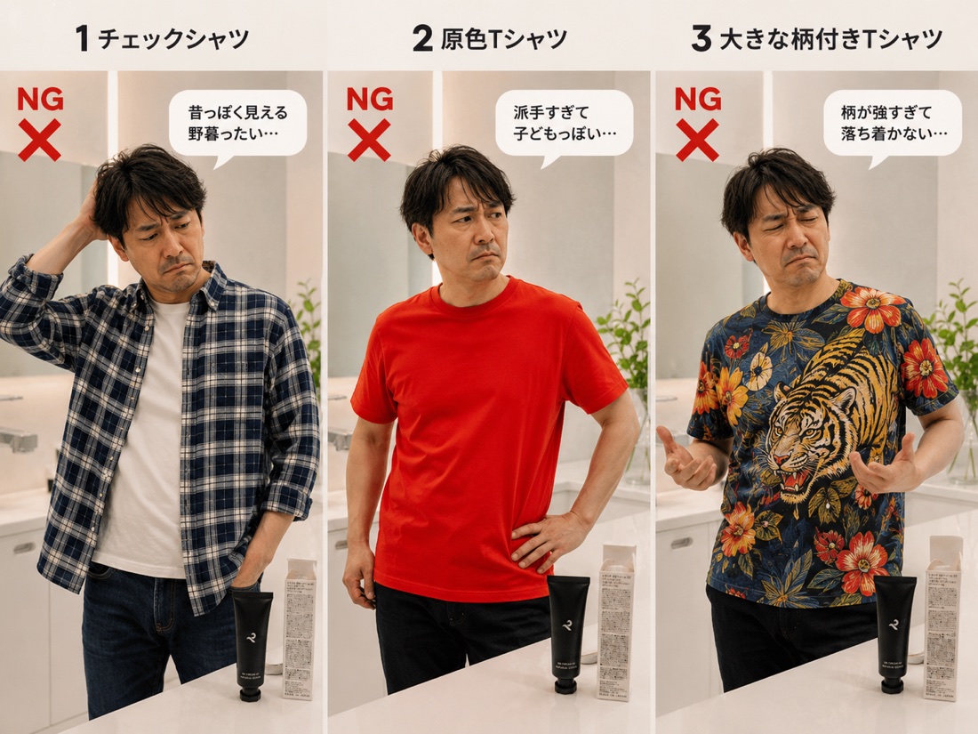 40代男性のNGファッション3着 ― チェックシャツ・原色Tシャツ・大きな柄のTシャツ(数年前の夫の実例・元UA販売員の妻が即NG)