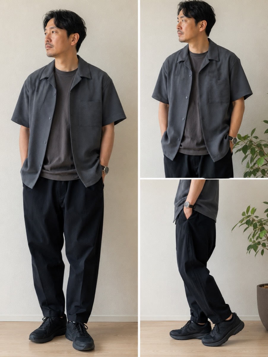 無印の3点を合わせたコーディネート例 ― グレーのオープンカラーシャツ＋グレーT＋黒パンツ（グレー×黒の2色）