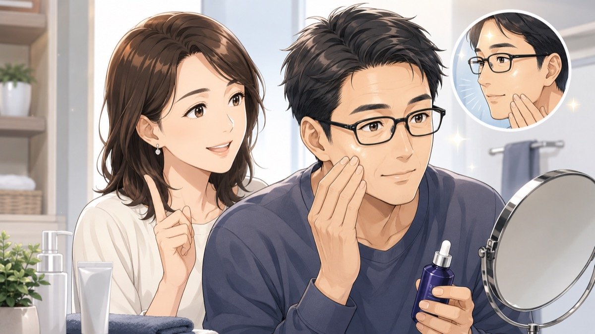 妻に見守られながらレチノール美容液を頬に塗る40代男性のイメージイラスト